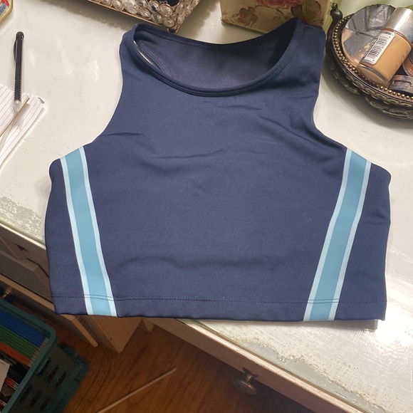 Joy Lab Navy Blue Racer Stripe Full Coverage Back Cut Out Sports Bra - Picture 2 of 4